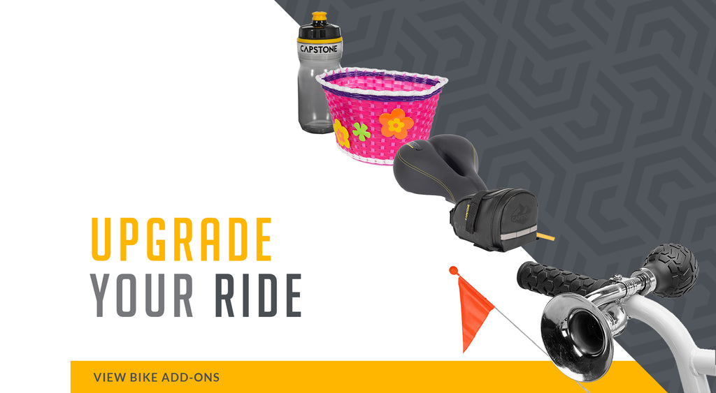 Upgrade Your Ride - Picture lineup of water bottle, pink flower basket, comfort seat, bike bag, and a bicycle horn - VIEW BIKE ADD-ONS