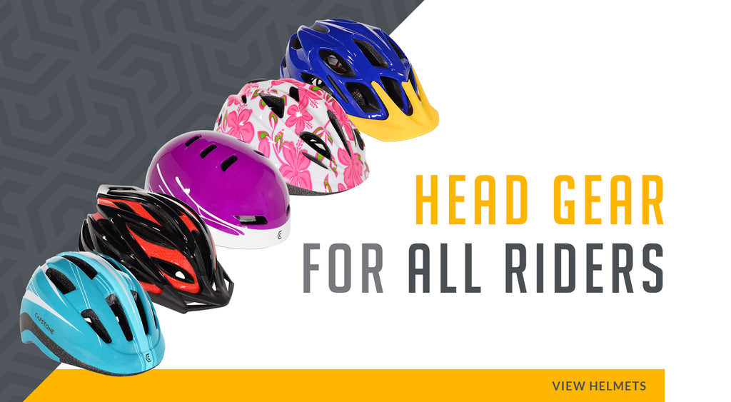 Head Gear For All Riders - Picture Lineup of blue, red & black, purple paint splatter, white & pink floral, and blue & yellow helmets - VIEW HELMETS