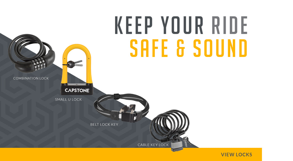 Keep Your Ride Safe & Sound - Picture Lineup of Combination Lock, Small U-Lock, Belt Lock & Key, and Cable & Key Lock - VIEW LOCKS