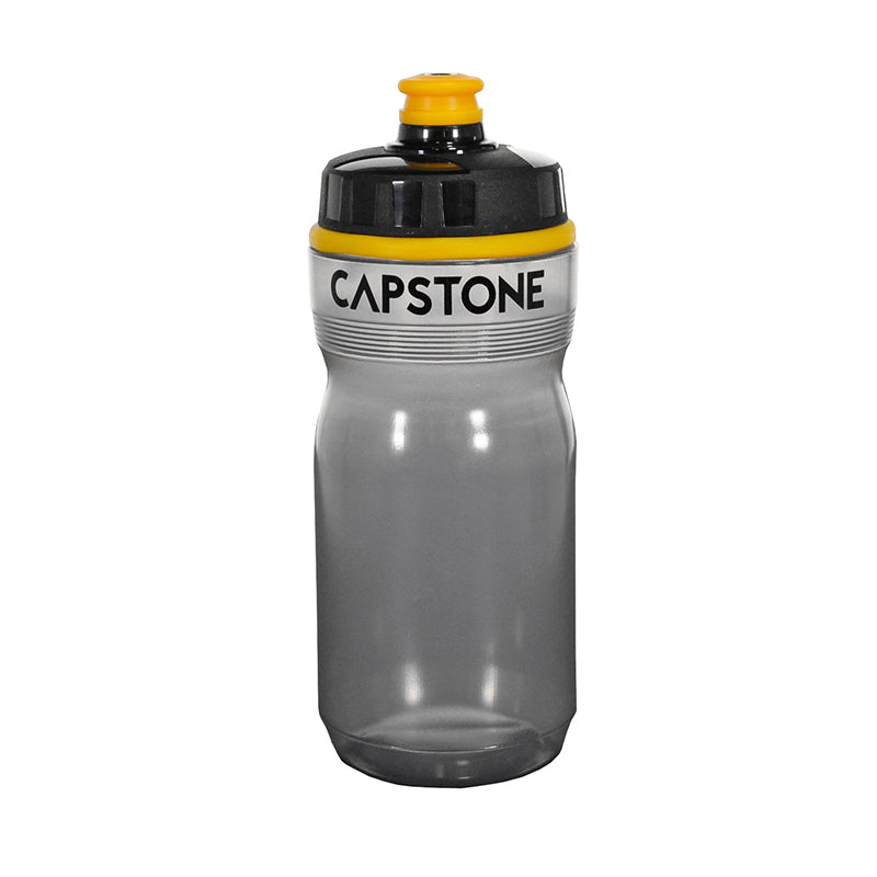 Capstone Sports - 20 oz clear, grey tinted water bottle - Top of the bottle is lined with a thick yellow stripe around - Top of mouthpiece is yellow