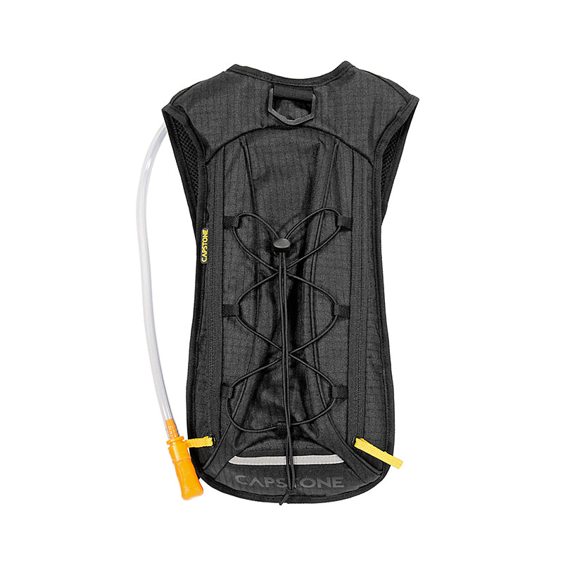 Capstone Sports - Front View - Black Hydration Pack with Yellow Accents on Straw Tube, logo, and fabric tabs - Adjustable Bungee Cord on Front