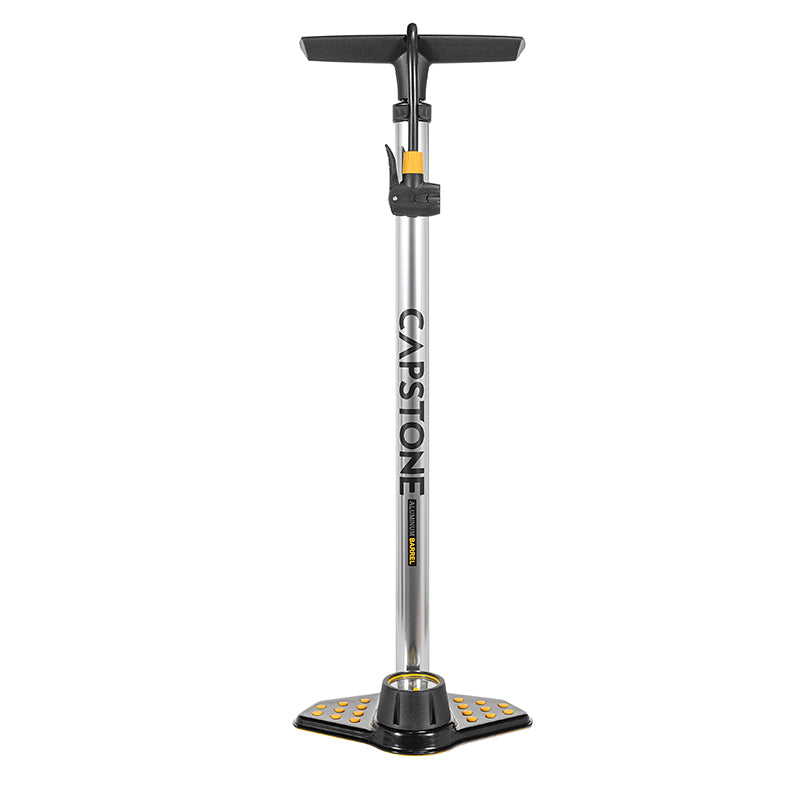 Alloy Air Pump w/ Gauge & Universal Head - Silver Finish with Black and Yellow Accents - Gauge and Foot Grips on Base