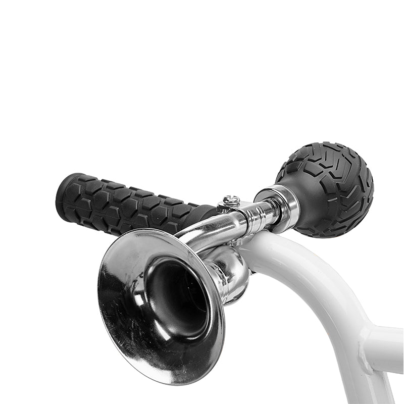 Silver Bugle Bicycle Horn with Rubber Squeaker with Treadmark Patterns on White Handlebar