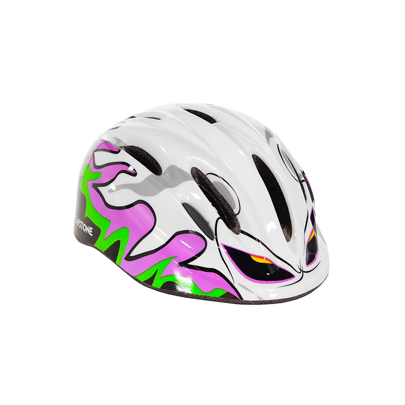 Youth ghost helmet with white, purple, and green design