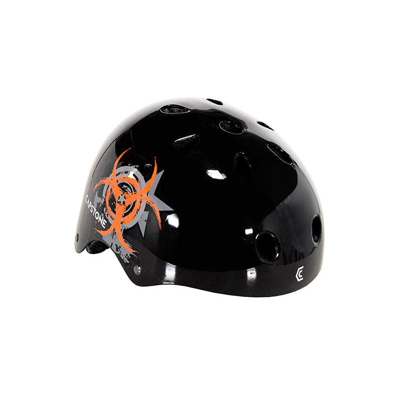 Child Outbreak Skate Helmet - Black with Orange and Grey Outbreak Symbol Graphic
