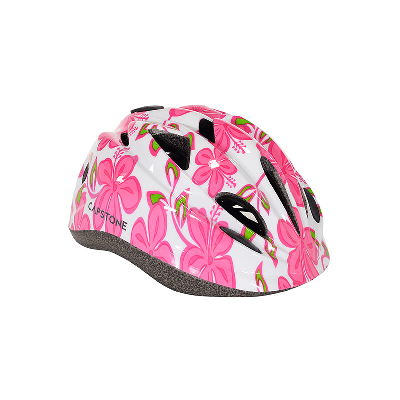 Child Hibiscus Helmet - Pink Flower Patterns with Green Leaves - White Base